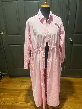 Light Pink Long Button-Front Women’s Coat with Drawstring Waist